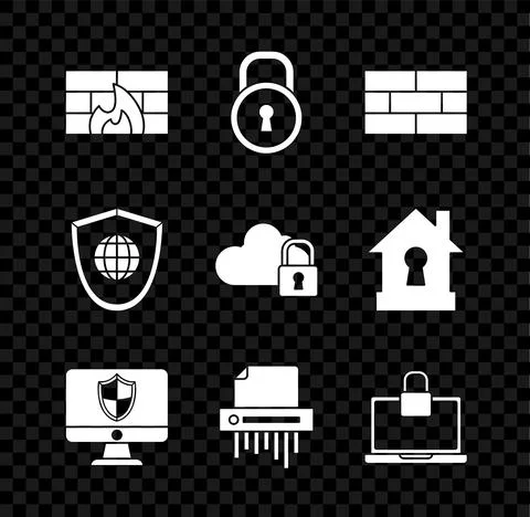 Set Firewall, security wall, Lock, Bricks, Computer monitor and shield, Paper Illustrazione stock