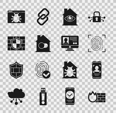 Set Firewall, security wall, Mobile and face recognition, Fingerprint, House Stock Illustration