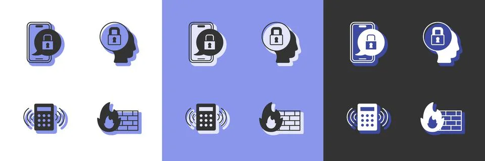 Set Firewall, security wall, Mobile with closed padlock, Security keypad access Stock Illustration