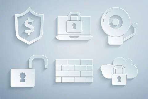 Set Firewall, security wall, Ringing alarm bell, Open padlock, Cloud computing Illustrazione stock