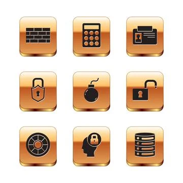 Set Firewall, security wall, Safe, Human head with lock, Bomb ready to explode Stock Illustration