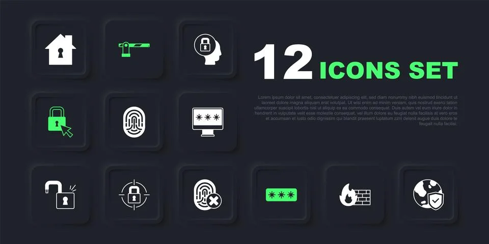 Set Firewall, security wall, Shield with world globe, Fingerprint, Password.. Stock Illustration