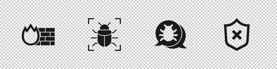 Set Firewall, security wall, System bug, and Shield with cross mark icon. Vector Stock-Illustration