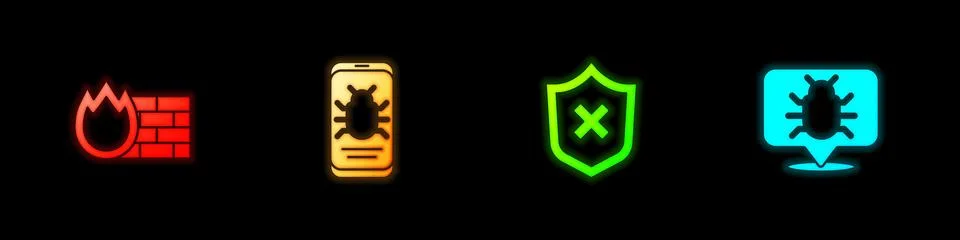 Set Firewall, security wall, System bug on mobile, Shield with cross mark and Illustrazione stock