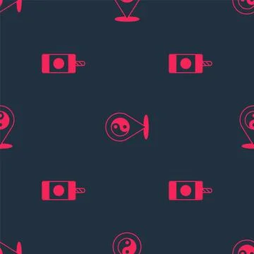 Set Firework and Yin Yang symbol on seamless pattern. Vector Stock Illustration