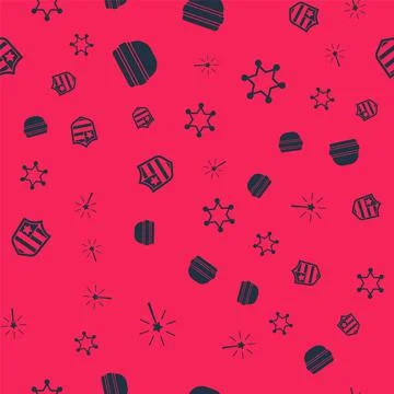 Set Firework, Burger, Shield with stars and Hexagram sheriff on seamless pattern Illustrazione stock