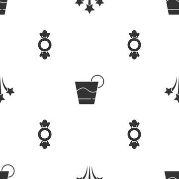Set Firework, Cocktail and Candy on seamless pattern. Vector Stock Illustration