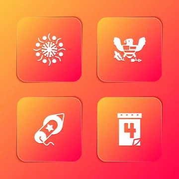 Set Firework, Eagle, and Calendar with date July 4 icon. Vector Stock Illustration