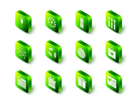 Set Firework, Gift box, Birthday cake candles, Shopping bag with heart, Gre.. Illustrazione stock