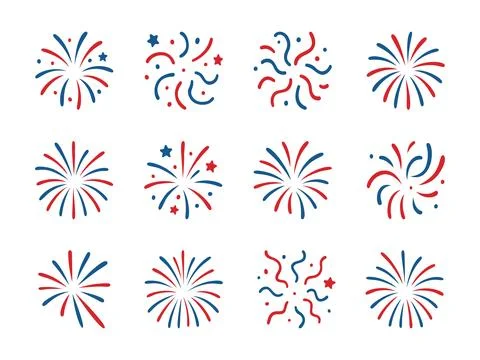 Set of firework icons in red and blue. Various celebratory explosions on a white Stock Illustration