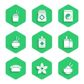 Set Firework, Lotus flower, Rice in a bowl with chopstick, Sushi, Asian noodles Stock Illustration