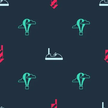 Set Firework rocket, Bumper car and Hot air balloon on seamless pattern. Vect Illustrazione stock