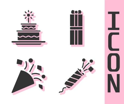 Set Firework rocket, Cake with burning candles, Festive confetti and Gift box Illustrazione stock