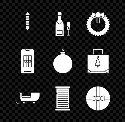 Set Firework rocket, Champagne bottle and glass of champagne, Christmas wreath イラスト素材