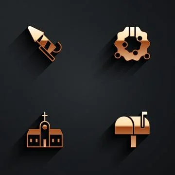 Set Firework rocket, Christmas wreath, Church building and Mail box icon wi.. Ilustración de archivo