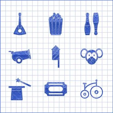 Set Firework rocket, Circus ticket, Vintage bicycle, Monkey, Magic hat and wand Stock Illustration