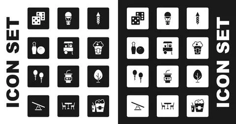 Set Firework rocket, Fast street food cart, Bowling pin and ball, Game dice Stock Illustration