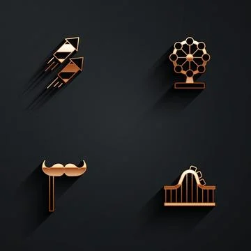 Set Firework rocket Ferris wheel Paper mustache on stick and Roller coaster i Stock Illustration
