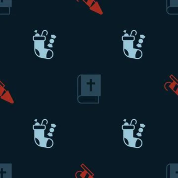 Set Firework rocket, Holy bible book and Christmas stocking on seamless patte Stock Illustration