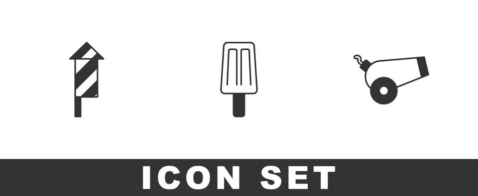 Set Firework rocket, Ice cream and Cannon icon. Vector Stock Illustration