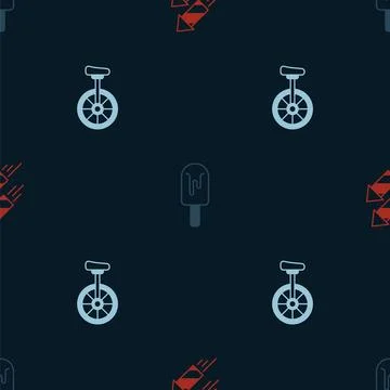 Set Firework rocket, Ice cream and Unicycle on seamless pattern. Vector 库存插图