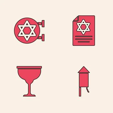 Set Firework rocket, Jewish synagogue, Torah scroll and goblet icon. Vector Illustrazione stock