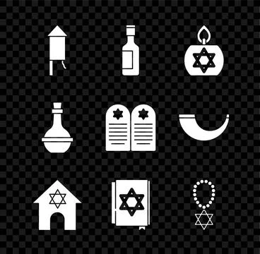 Set Firework rocket, Jewish wine bottle, Burning candle, synagogue, torah b.. Stock Illustration