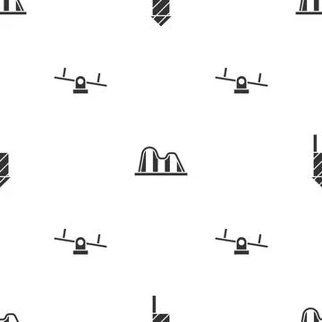 Set Firework rocket, Roller coaster and Seesaw on seamless pattern. Vector Stock Illustration