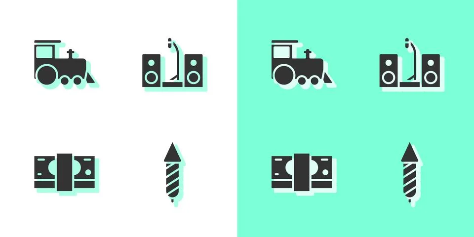 Set Firework rocket, Toy train, Stacks paper money cash and Home stereo with two Illustrazione stock