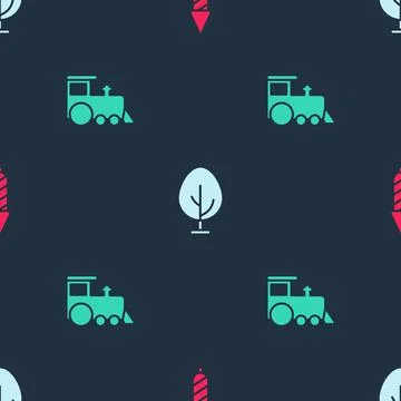 Set Firework rocket, Tree and Toy train on seamless pattern. Vector Stock Illustration