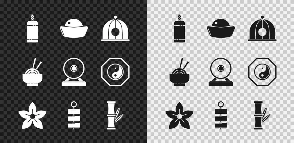Set Firework, Sushi, Chinese hat, Lotus flower, Bamboo, Asian noodles bowl .. Stock Illustration