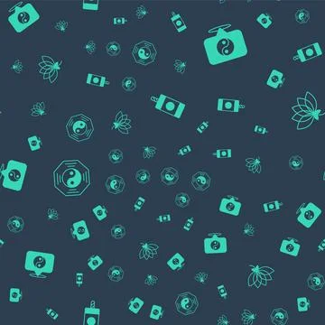 Set Firework, Yin Yang symbol, and Lotus flower on seamless pattern. Vector Stock Illustration