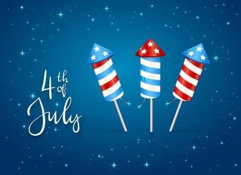 Set of Fireworks and Text 4th of July on Blue Background 스톡 일러스트
