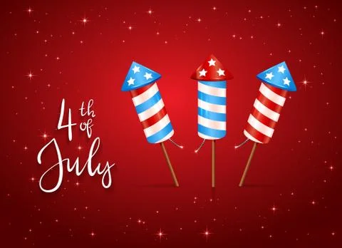Set of Fireworks and Text 4th of July on Red Background Stock Illustration