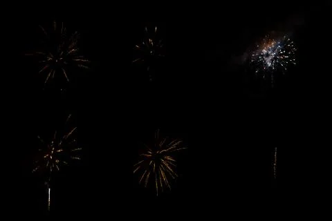 Set of fireworks on black background, element for design work, for overlay Stock Photos