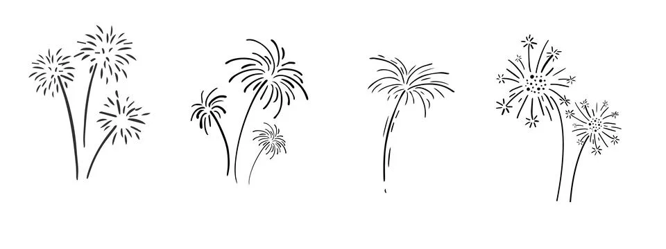 Set fireworks doodle line explosion radial sparkler with rays, hand drawn Stock Illustration