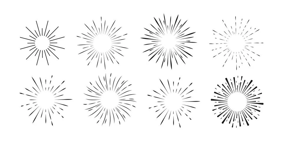 Set Fireworks, rays, sunburst frames circle border decoration, sparkle in doodle Stock Illustration