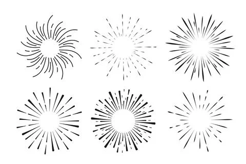 Set Fireworks, rays, sunburst frames circle border decoration, sparkle in doodle Illustrazione stock