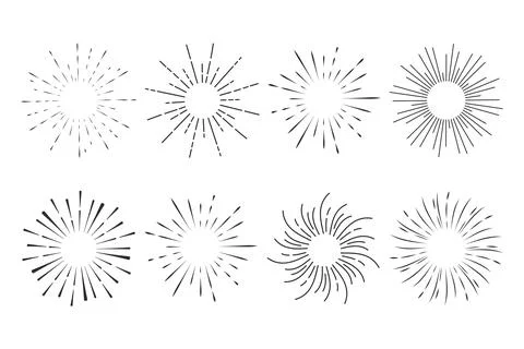 Set Fireworks, rays, sunburst frames circle border decoration, sparkle in doodle Stock Illustration