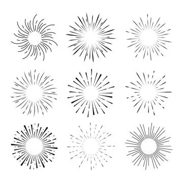 Set Fireworks, rays, sunburst frames circle border decoration, sparkle in doodle Illustrazione stock