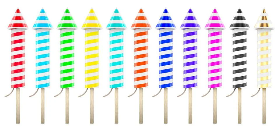 Set of Fireworks Rockets, 3D rendering Set of Fireworks Rockets, 3D render... Stock Photos