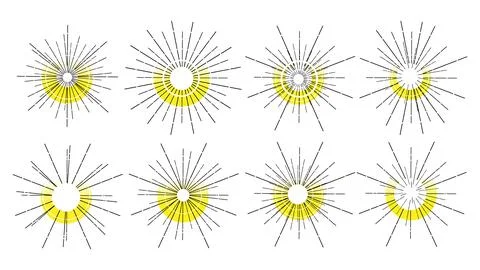Set of fireworks with yellow flash on white background, yellow sparklers, Stock Illustration