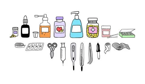 Set of first aid elements. Hand drawn medical tools, bottles and pills. Doodl イラスト素材