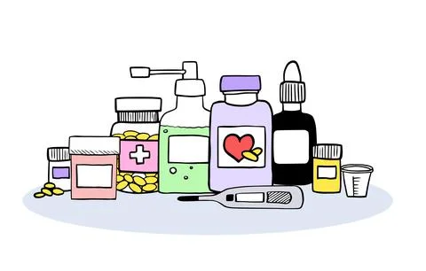 Set of first aid elements. Health care and medicine elements. Doodle style ve Illustrazione stock