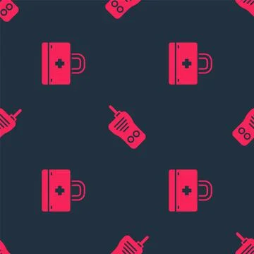 Set First aid kit and Walkie talkie on seamless pattern. Vector Stock Illustration