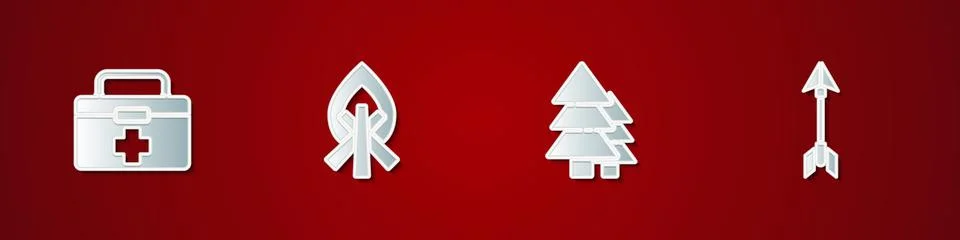 Set First aid kit, Campfire, Tree and Hipster arrow icon. Vector Illustrazione stock