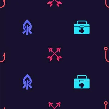Set First aid kit, Campfire, Crossed arrows and Fishing hook on seamless pattern Illustrazione stock
