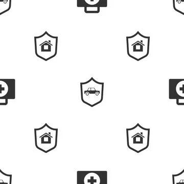 Set First aid kit, Car with shield and House on seamless pattern. Vector Stock Illustration