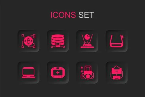 Set First aid kit, Cloud database, Blockchain technology Bitcoin, Cyber sec.. Illustrazione stock