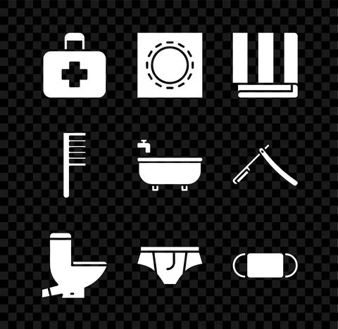 Set First aid kit, Condom in package safe sex, Towel stack, Toilet bowl 스톡 일러스트